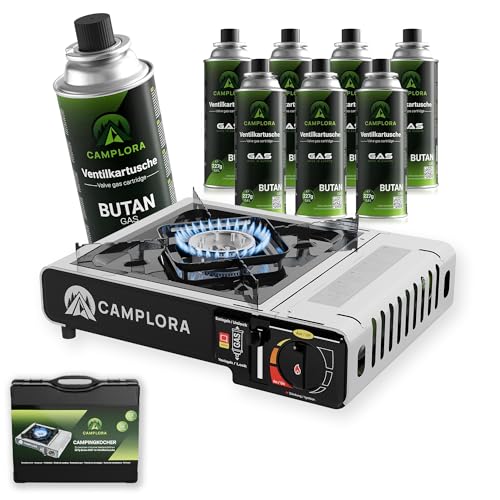 CAMPLORA Gaskocher + 8 Gaskartuschen + Tragekoffer mit Piezozündung -...