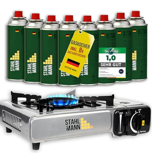 STAHLMANN® Gaskocher inkl. 8 Kartuschen - Campingkocher mit...