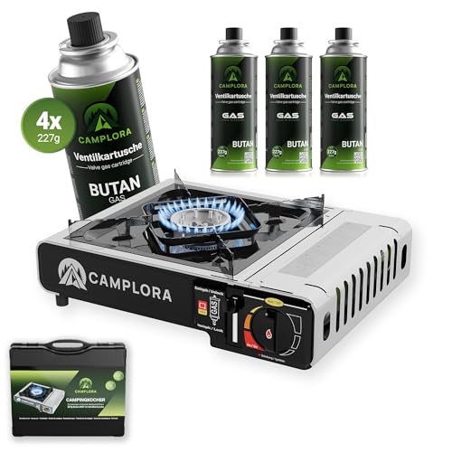 CAMPLORA Gaskocher + 4 Gaskartuschen + Tragekoffer mit Piezozündung -...