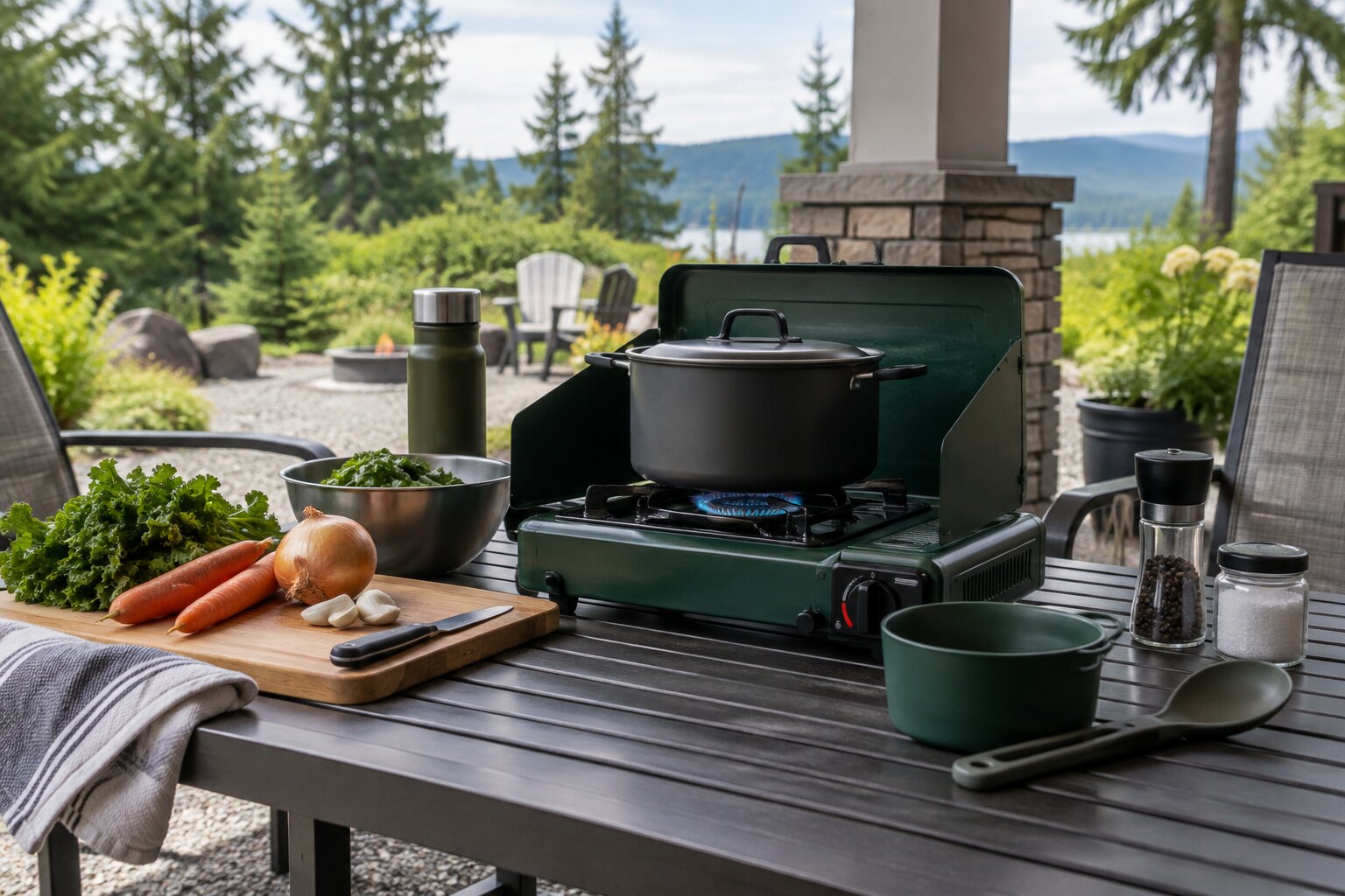 Kochen ohne Strom: sichere Möglichkeiten im Notfall 1 Sicherer Campingkocher auf einer Terrasse zum Kochen während eines Stromausfalls