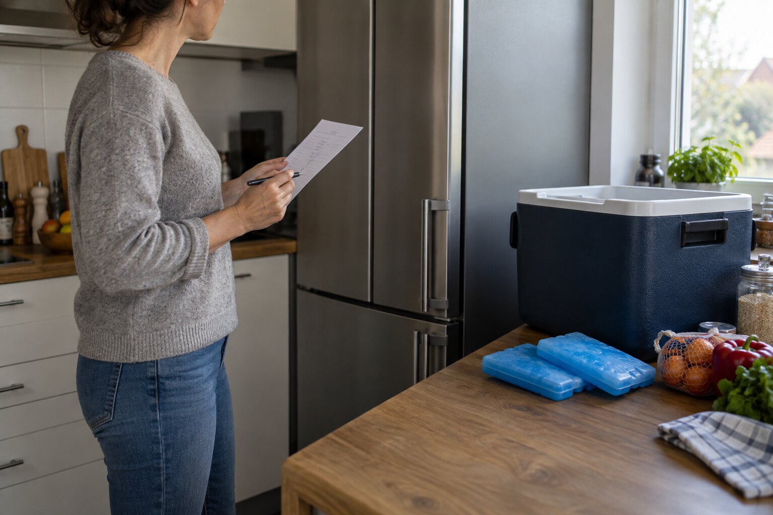 Kühlschrank und Lebensmittel bei Stromausfall 1 Kühlbox, Kühlakkus und Vorratskontrolle vor geschlossenem Kühlschrank