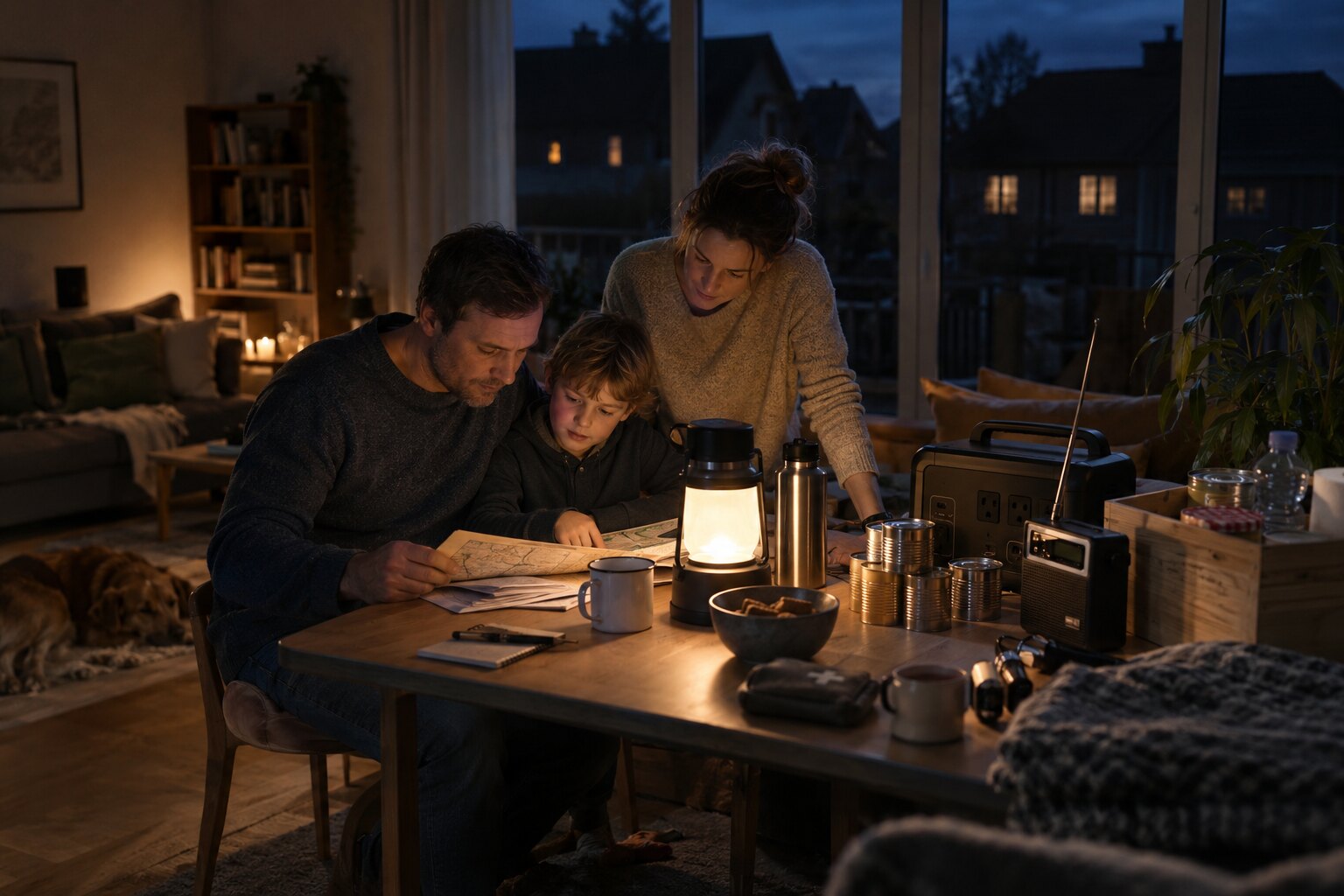 Stromausfall und Energieversorgung 1 Vorbereiteter Haushalt während eines Stromausfalls mit Notbeleuchtung, Radio und Energieversorgung