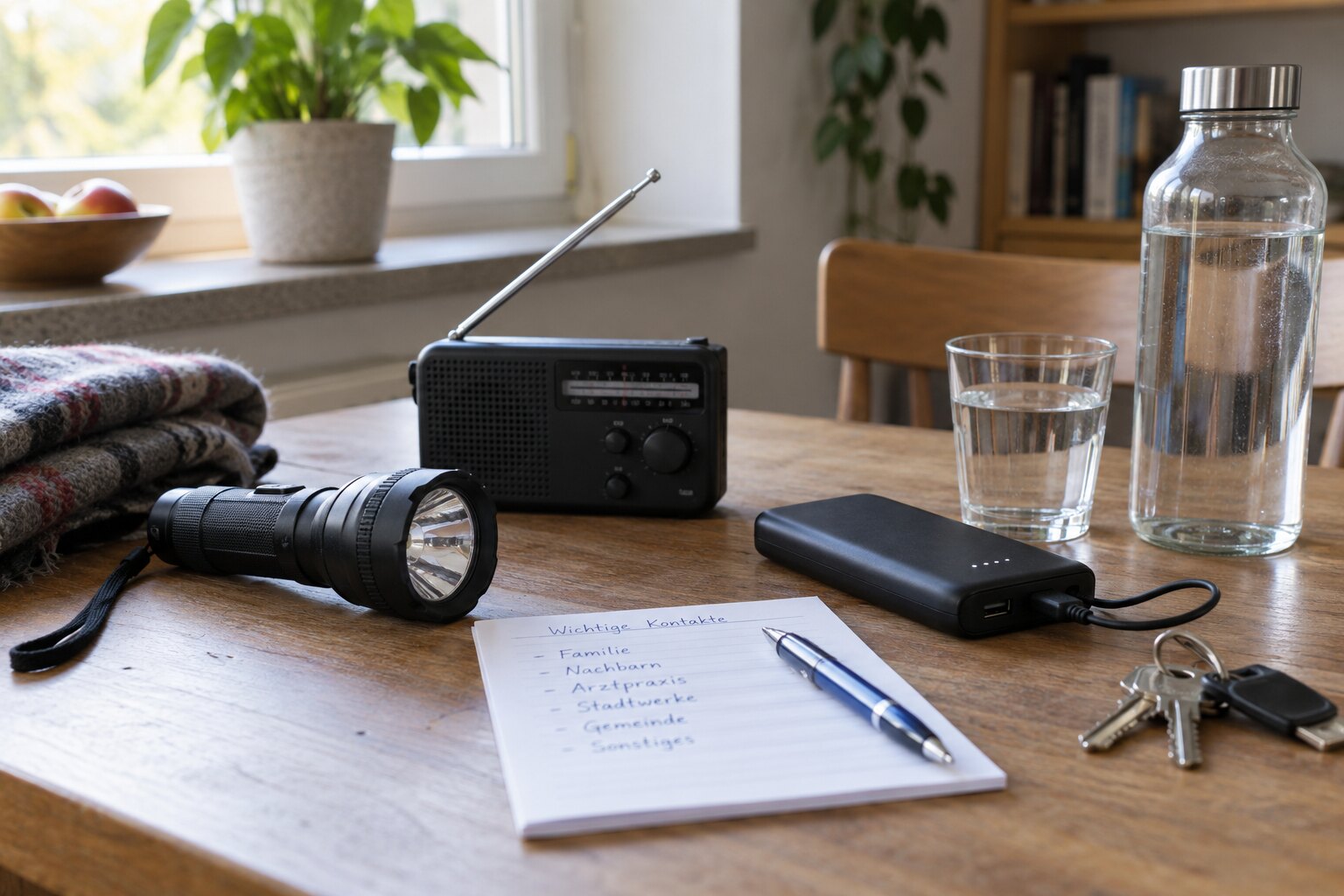 Notfallausrüstung für die ersten Stunden eines Stromausfalls mit Radio, Taschenlampe und Powerbank
